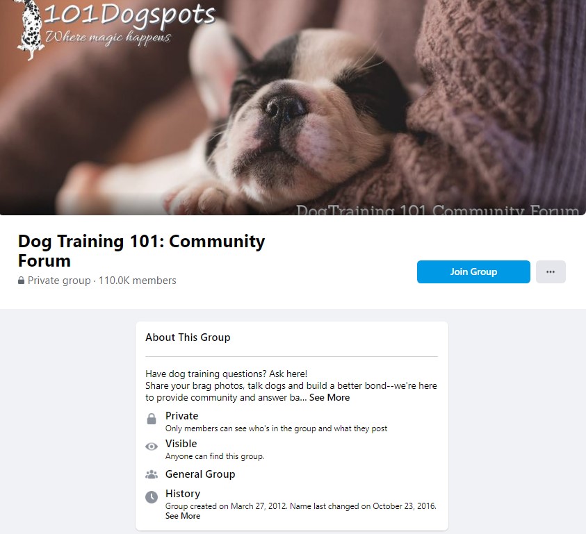 Dog training Facebook group screenshot